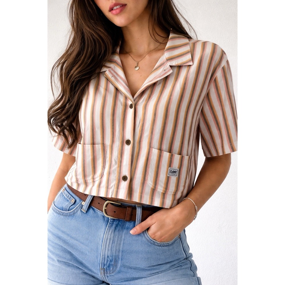 Cropped Striped Utility Jacket XL Cotton Boxy Chore Shirt Earth Tone Workwear